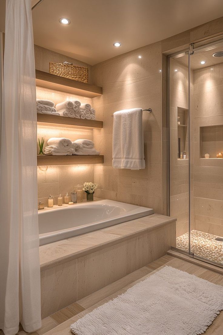 Frameless glass shower enclosure in a modern high-end bathroom