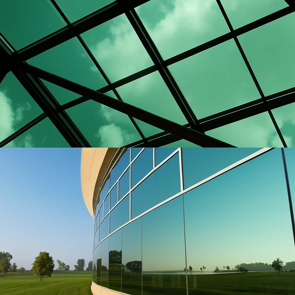 Architectural glass panel detail with reflections